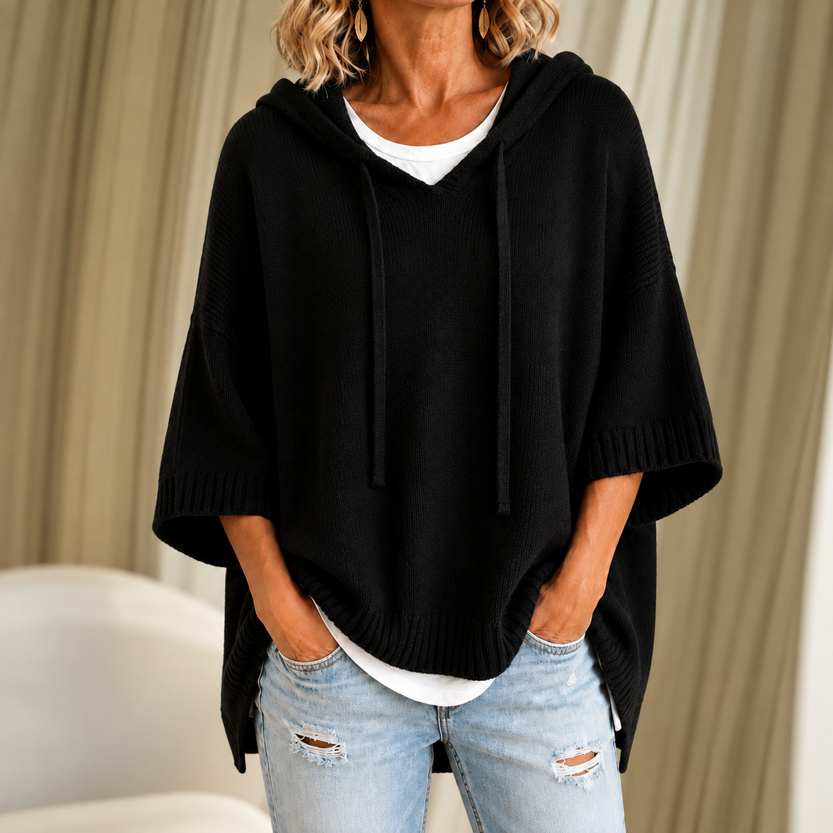 Oriana | Hooded Knit Poncho with Three-Quarter Sleeves