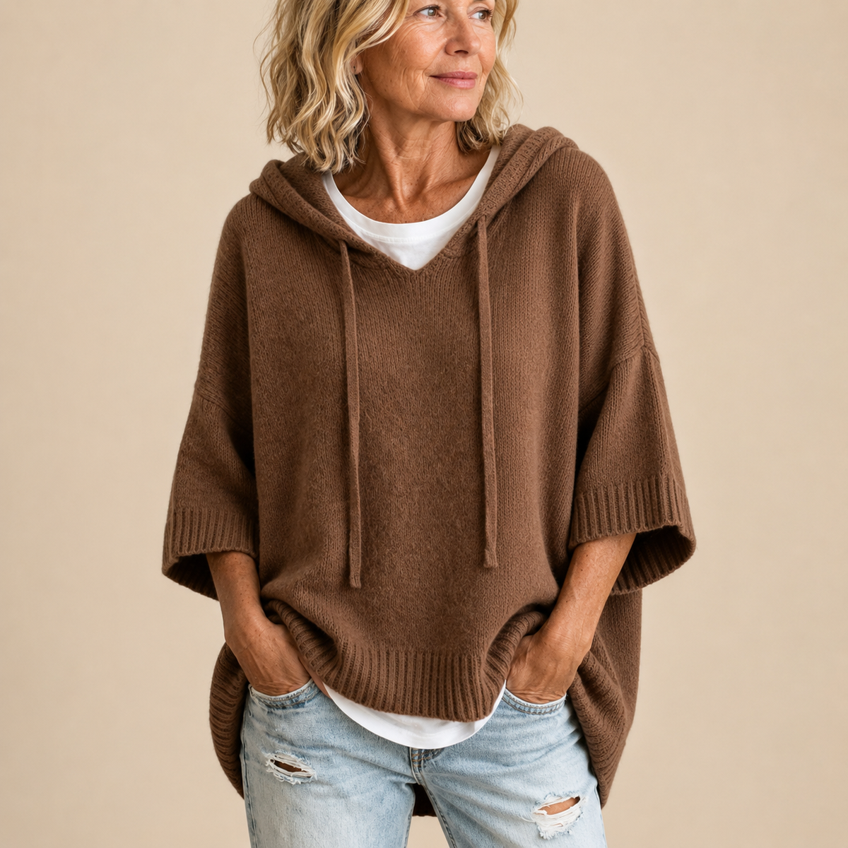 Oriana | Hooded Knit Poncho with Three-Quarter Sleeves