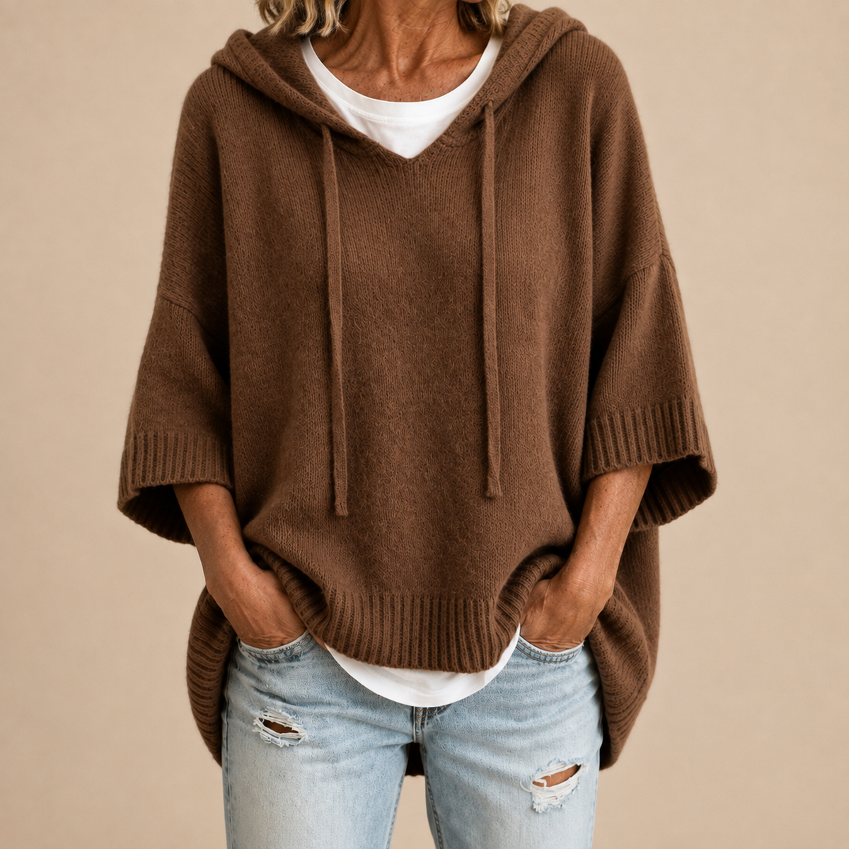 Oriana | Hooded Knit Poncho with Three-Quarter Sleeves