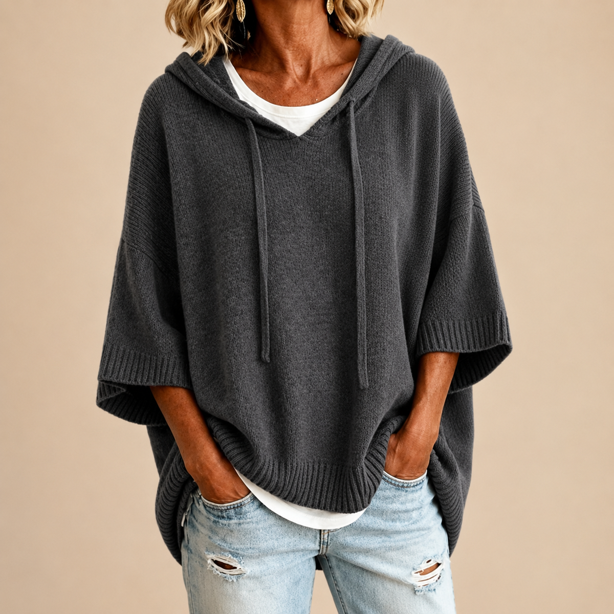 Oriana | Hooded Knit Poncho with Three-Quarter Sleeves