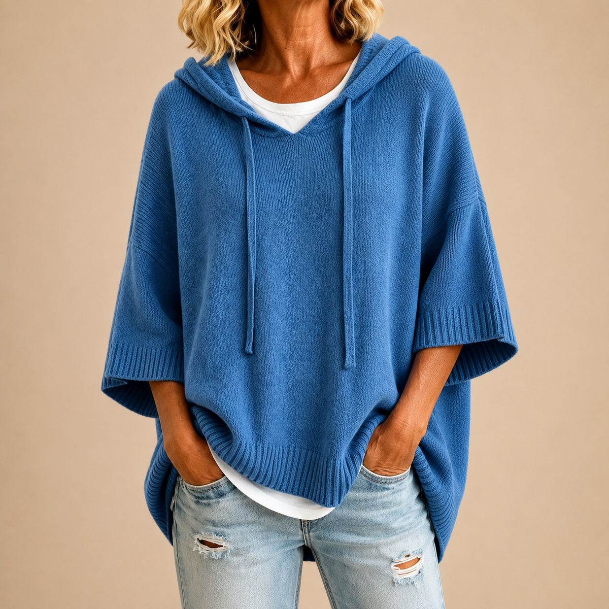 Oriana | Hooded Knit Poncho with Three-Quarter Sleeves