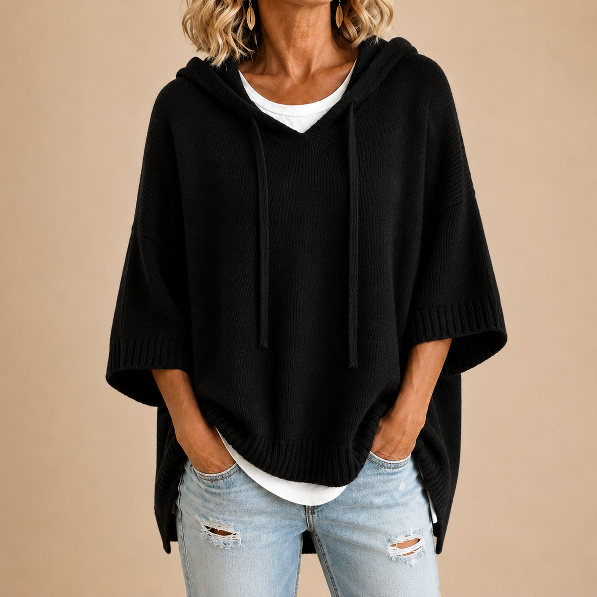 Oriana | Hooded Knit Poncho with Three-Quarter Sleeves