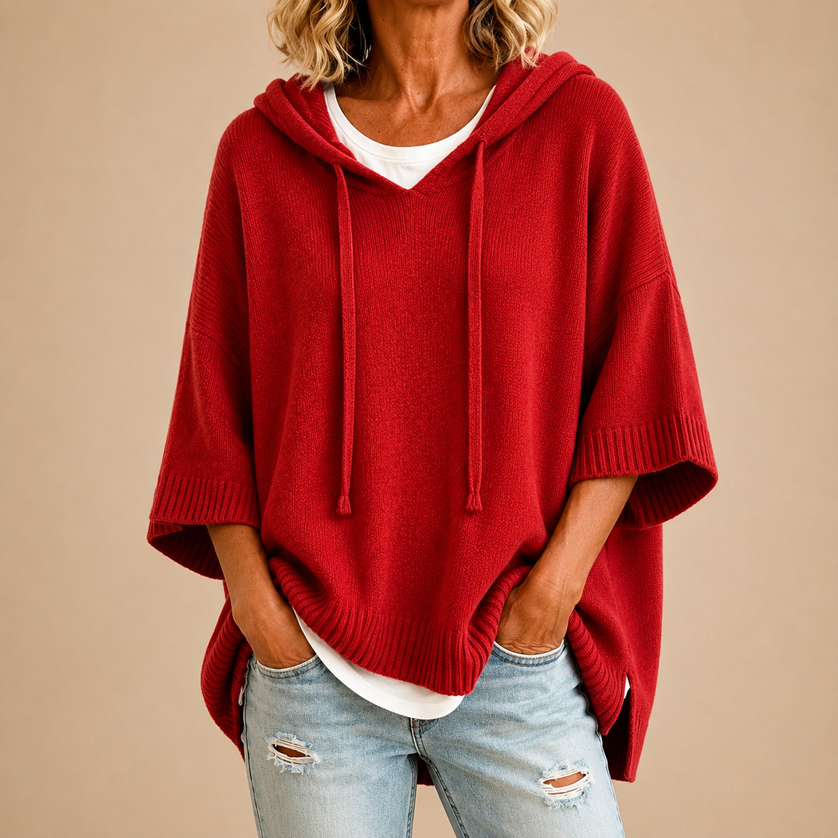 Oriana | Hooded Knit Poncho with Three-Quarter Sleeves
