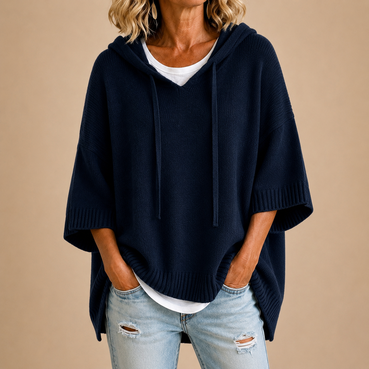 Oriana | Hooded Knit Poncho with Three-Quarter Sleeves