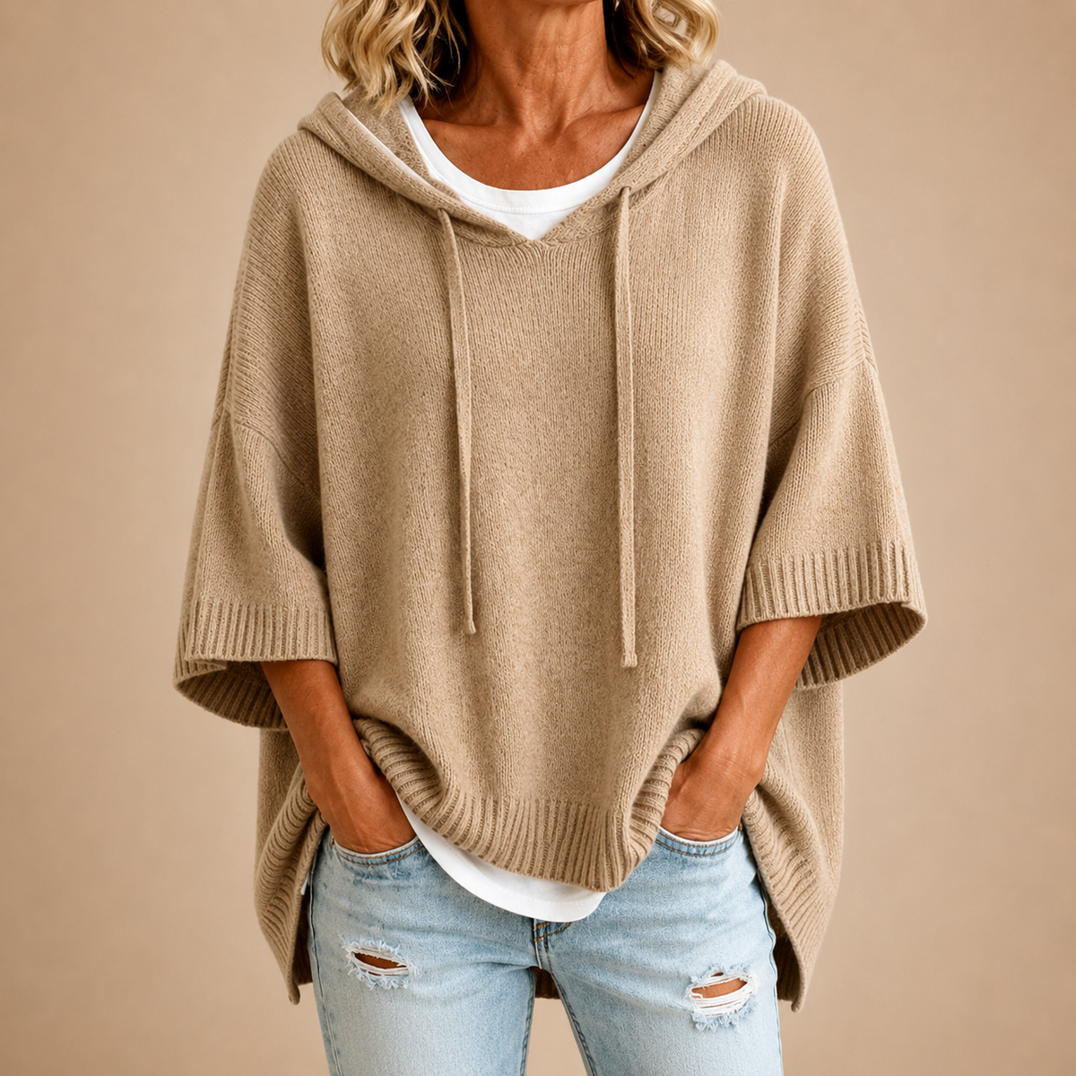 Oriana | Hooded Knit Poncho with Three-Quarter Sleeves