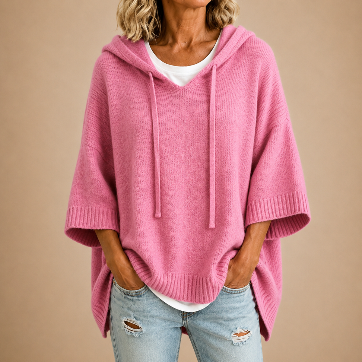 Oriana | Hooded Knit Poncho with Three-Quarter Sleeves