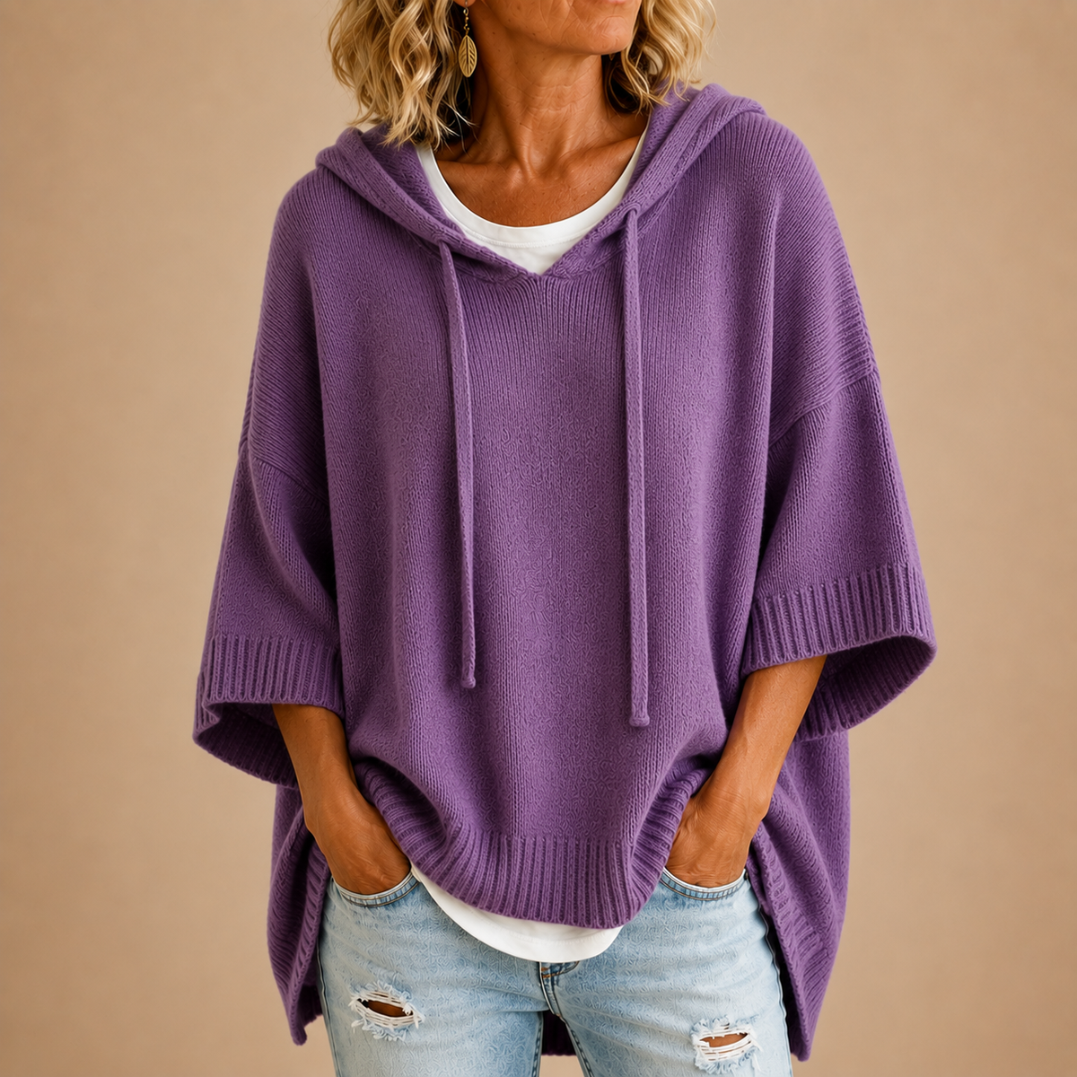 Oriana | Hooded Knit Poncho with Three-Quarter Sleeves