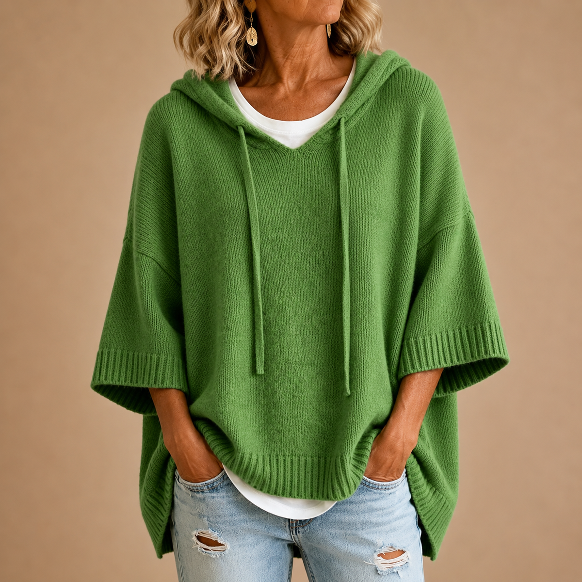 Oriana | Hooded Knit Poncho with Three-Quarter Sleeves